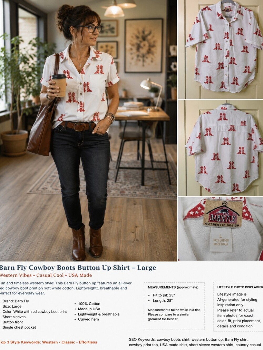 Barn Fly Cowboy Boot Print Button-Up Shirt – Large